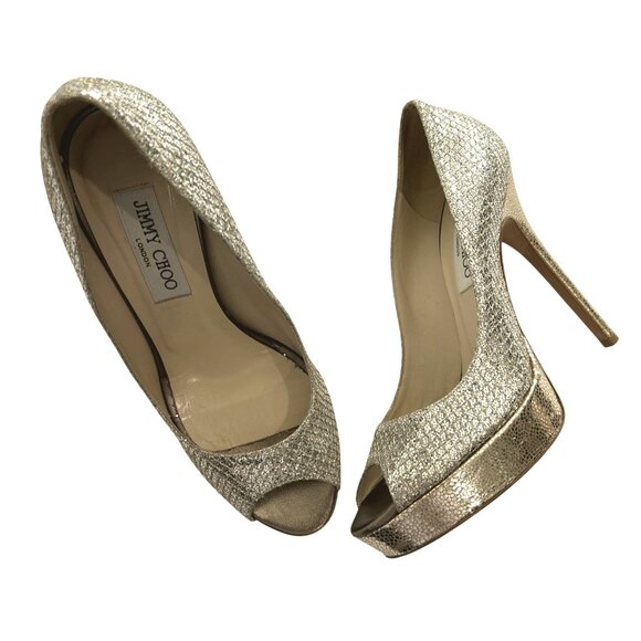 Jimmy Choo Crown Open Toe Pumps in Silver Gold - Picture 1 of 8